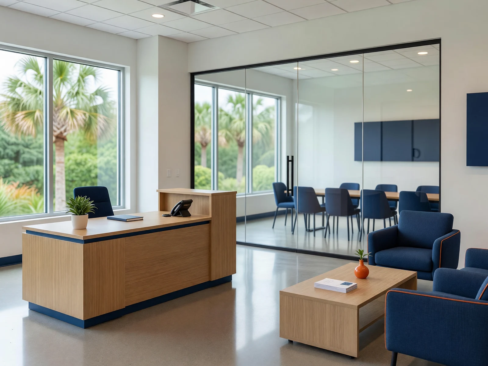 Bright, immaculate professional office reception area with glass conference room